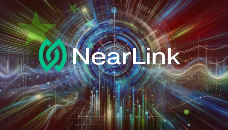 Logo Nearlink na digitálním pozadí s čínskou vlajkou
