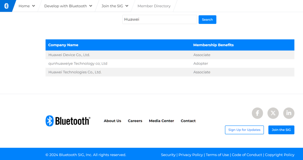 Huawei on the Bluetooth SIG member list