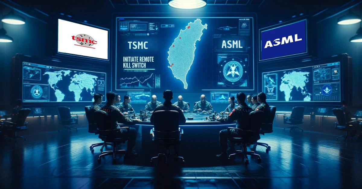 Image generated and edited with DALL-E showing a war room situation of TSMC and ASML to activate the remote kill switch in case of emergency